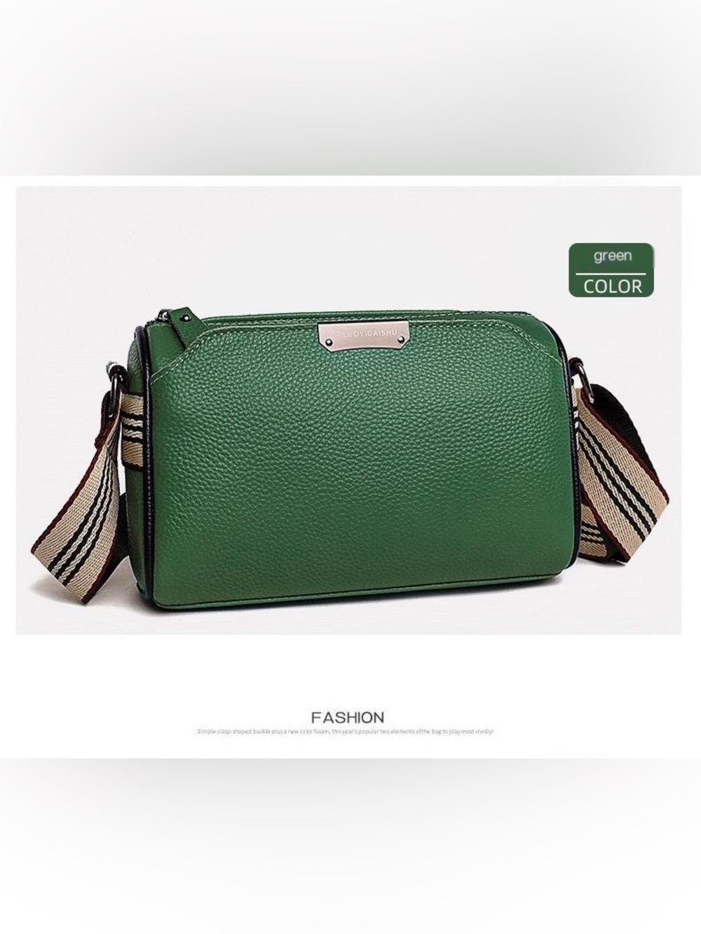 Textured Green Genuine Leather Crossbody Bag with Striped Strap